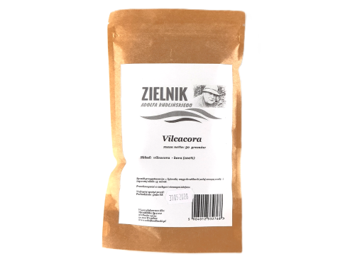 Zdjęcie przedstawia suszoną korę Vilcacora (Koci Pazur), znaną również jako Uncaria tomentosa. Produkt przeznaczony do przygotowania naparu. Wysokiej jakości surowiec zielarski dostępny w sklepie AdolfKudlinski.pl.