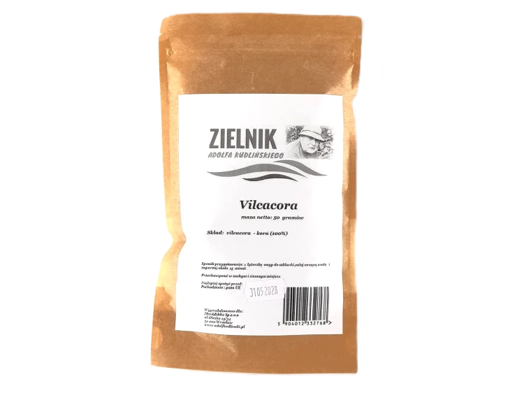Zdjęcie przedstawia suszoną korę Vilcacora (Koci Pazur), znaną również jako Uncaria tomentosa. Produkt przeznaczony do przygotowania naparu. Wysokiej jakości surowiec zielarski dostępny w sklepie AdolfKudlinski.pl.