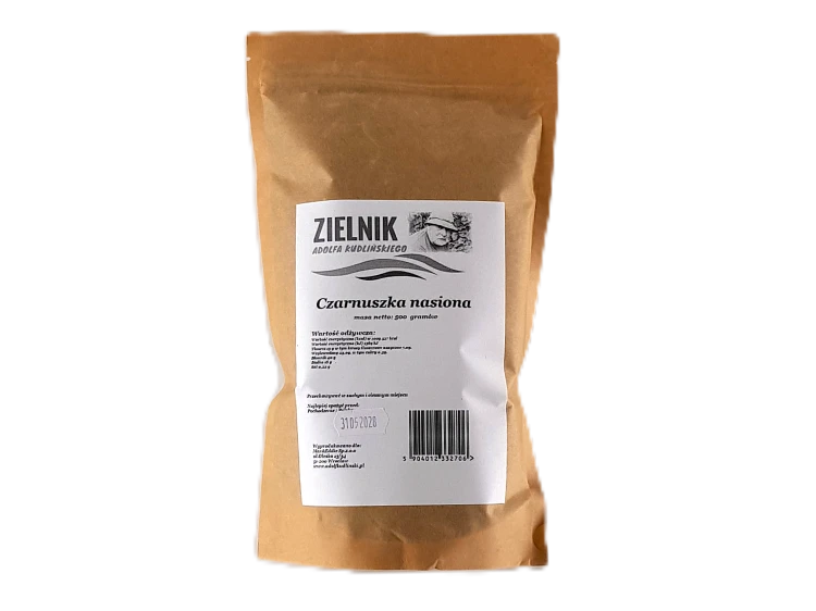 Opakowanie nasion czarnuszki – naturalna czarnuszka siewna (Nigella sativa) dostępna w sklepie Adolf Kudliński.