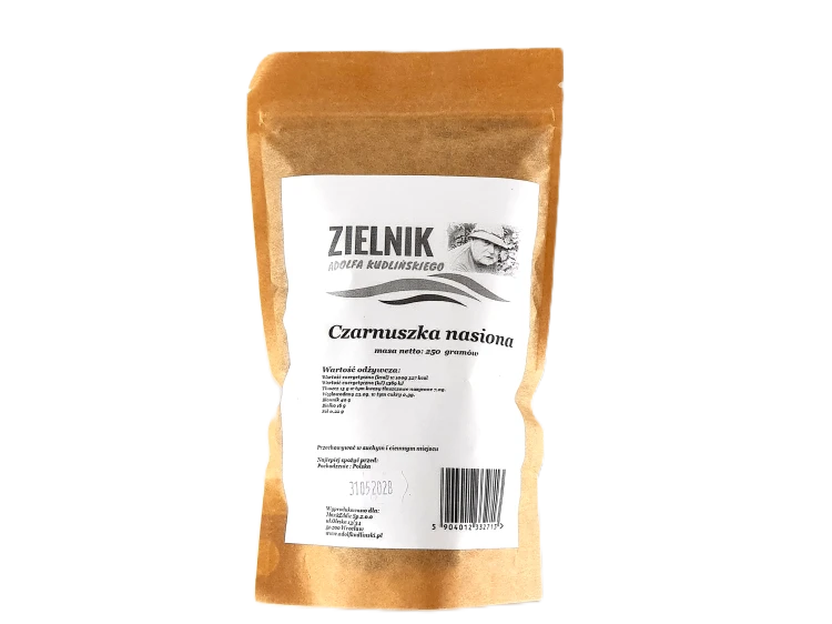 Opakowanie nasion czarnuszki – naturalna czarnuszka siewna (Nigella sativa) dostępna w sklepie Adolf Kudliński.