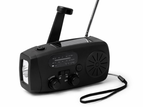 Radio awaryjne na korbkę z panelem solarnym, latarką LED i powerbankiem 2000 mAh
