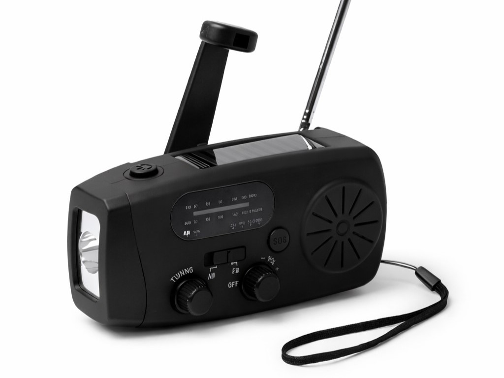 Radio awaryjne na korbkę z panelem solarnym, latarką LED i powerbankiem 2000 mAh